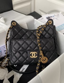 CHANEL Caviar Quilted Wavy CC Hobo in Black