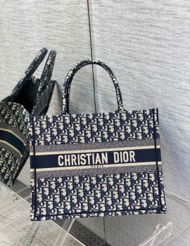 Dior Medium Dior Book Tote Ecru And Blue Dior Oblique Embroidery
