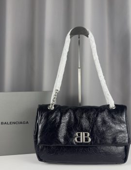 Balenciaga Monaco Bag Mini in Black Arena Calfskin, Aged-Silver Hardware