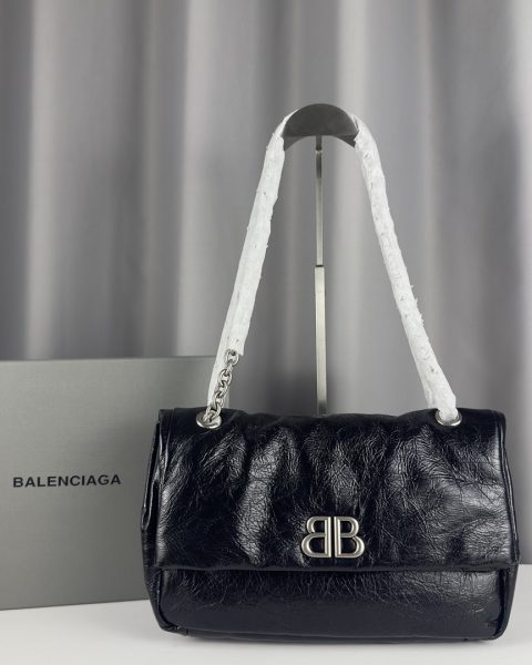 Balenciaga Monaco Bag Mini in Black Arena Calfskin, Aged-Silver Hardware